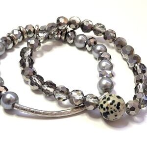 Set of‎ 2 Silvertone Bracelets Faceted Glass - One with Dalmation Jasper Bead